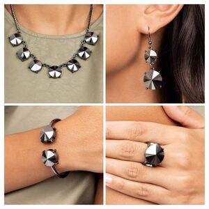 Paparazzi Jewelry Set 4 Piece Necklace Earrings Bracelet Ring Black Gunmetal New